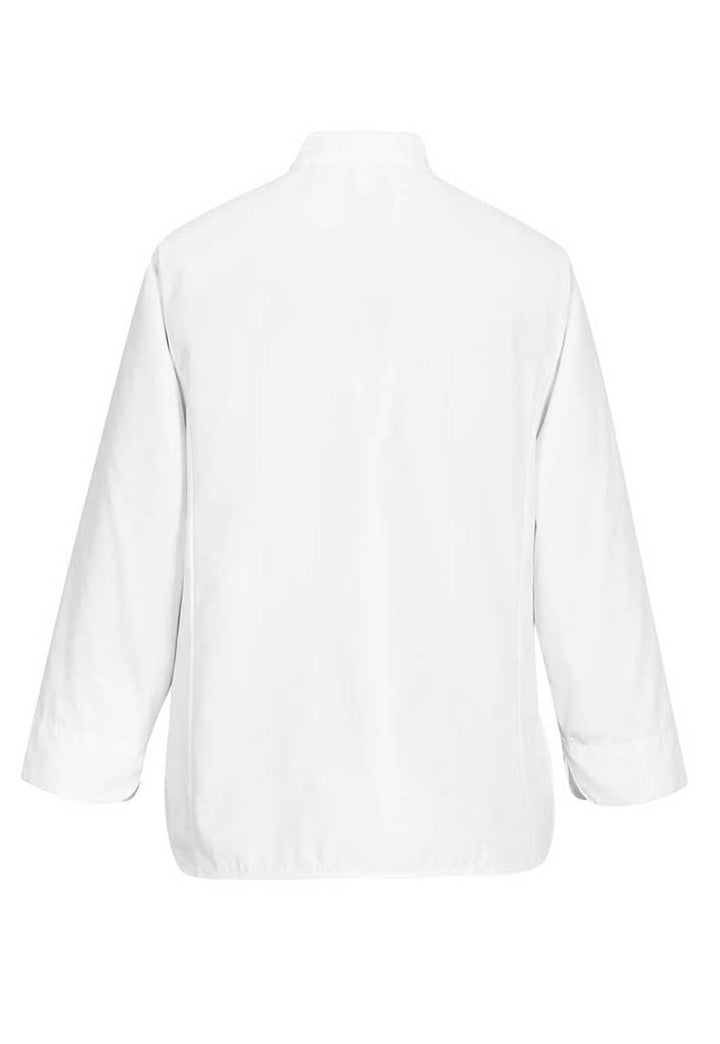 Back View of Women's Chefs Jacket Long Sleeve Rachel C837 in White