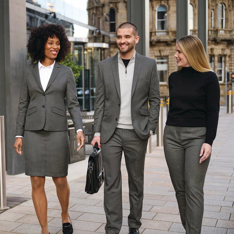 3 models wearing Brook Taverner Rapport Collection Suiting in Charcoal Melange