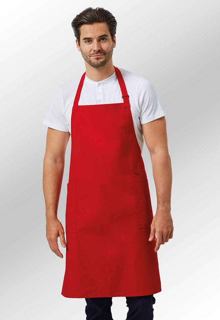 Model Wearing Recycled Polyester & Organic Cotton Apron PR120 in Red