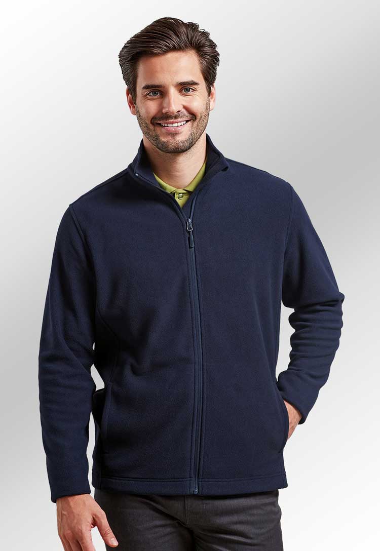 Model wearing ‘Recyclight’ Full-Zip Microfleece PR830 in navy