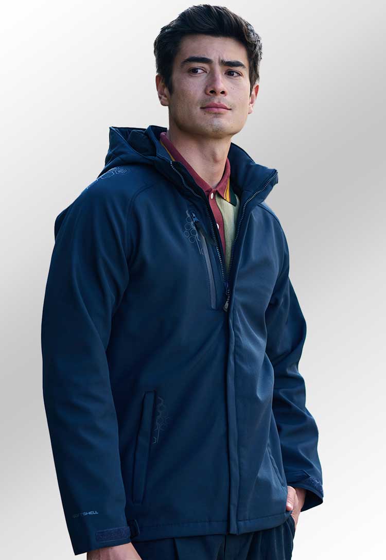 Model Wearing Regatta Repeller Softshell RG160 in Navy