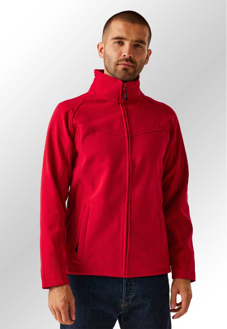 Model wearing RG150 Uproar softshell in Classic Red/Seal Grey