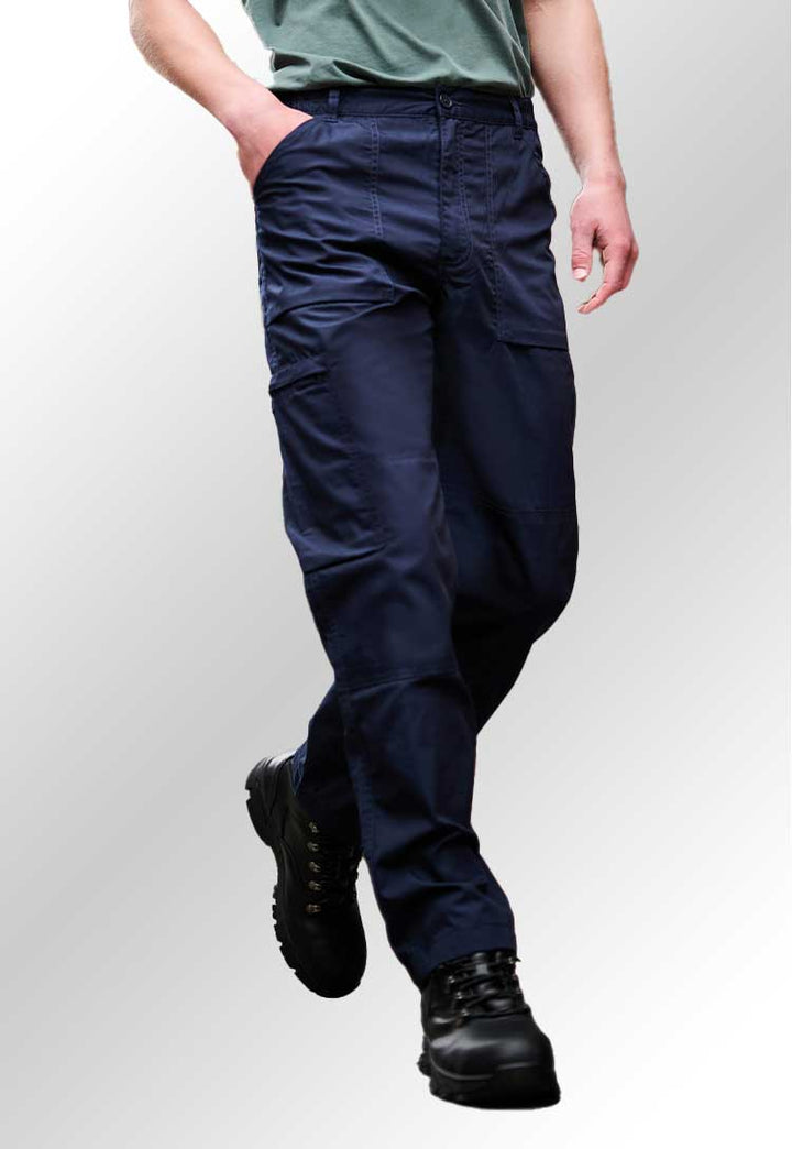 A model's legs wearing the RG232 New action trousers in Navy