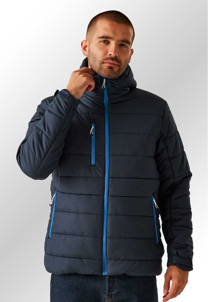 Model wearing the RG338 Navigate thermal hooded jacket in Navy/French Blue