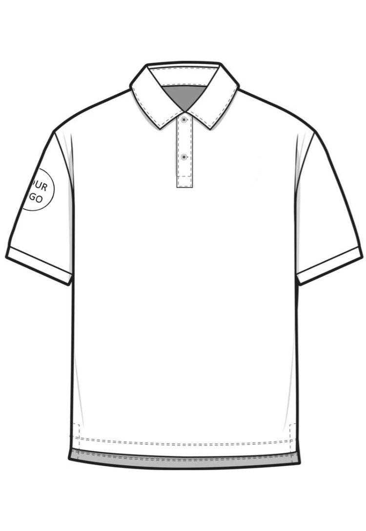 An illustration of a polo shirt with 'your logo' written on the right sleeve as worn.