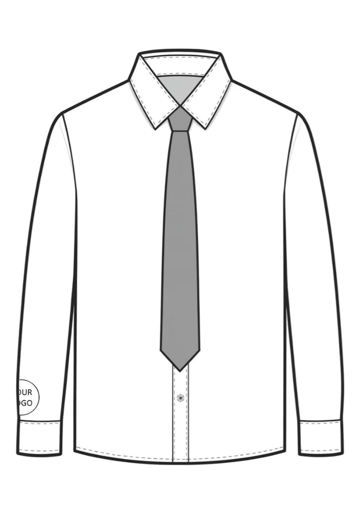 Outline of a shirt with a tie and a logo on the sleeve.
