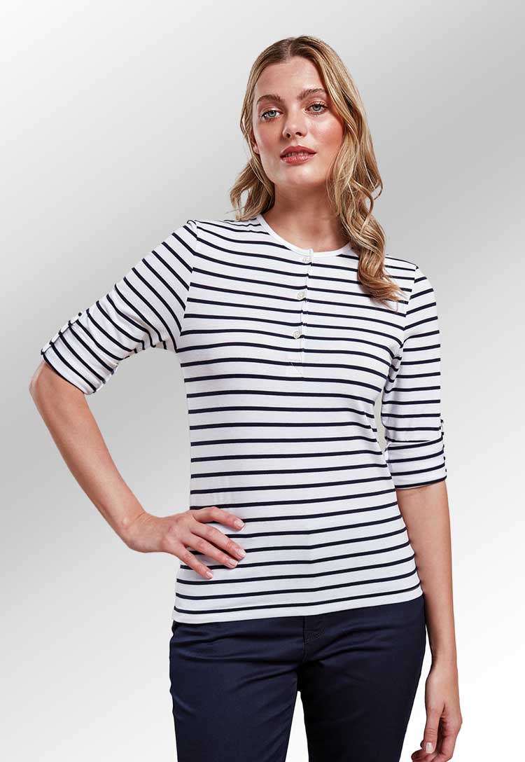 Model Wearing Women's Long John Roll Sleeve Tee PR318 in Navy/White 