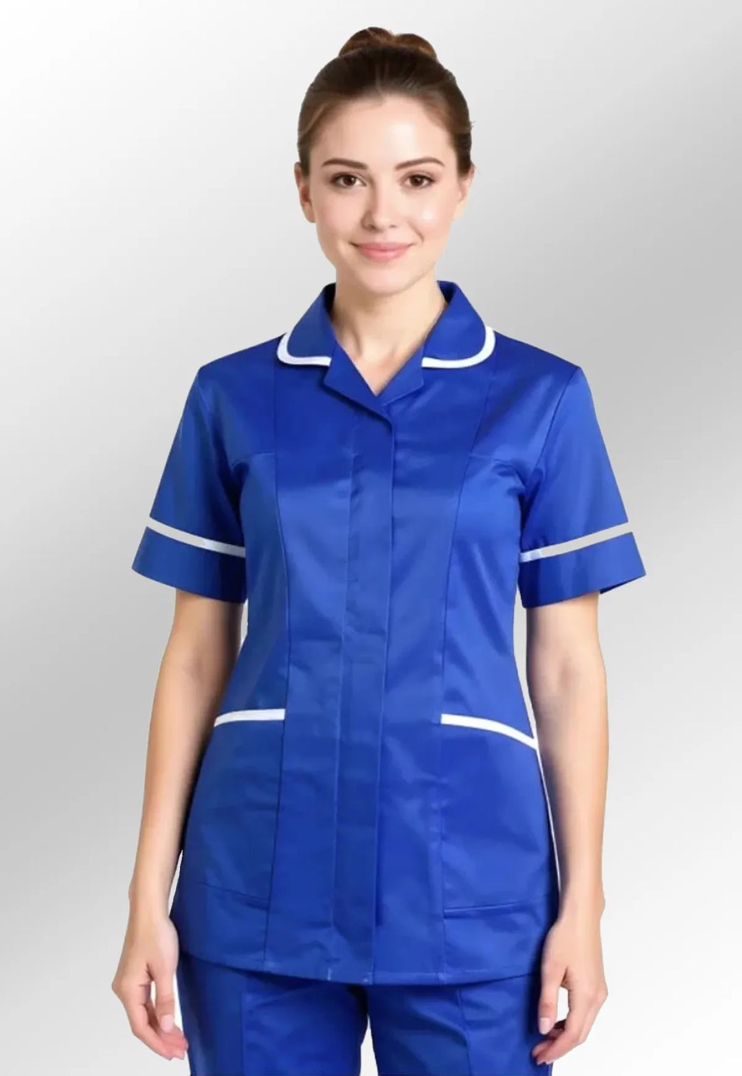 Model wearing the Uneek nurses tunic in royal blue with white trim