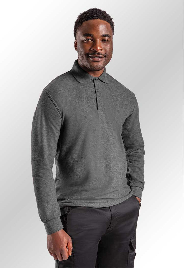 Model wearing an RX102 Pro Long Sleeve Polo in Charcoal