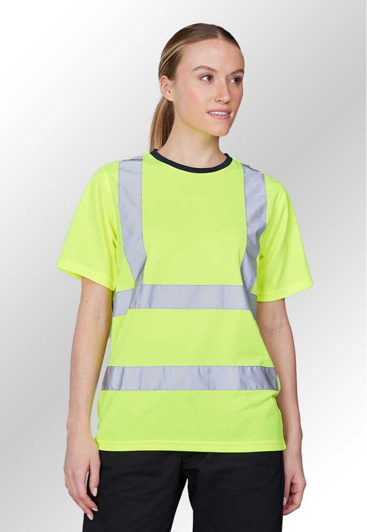 A model wearing an RX720 High Visibility T-Shirt in HV Yellow/Navy