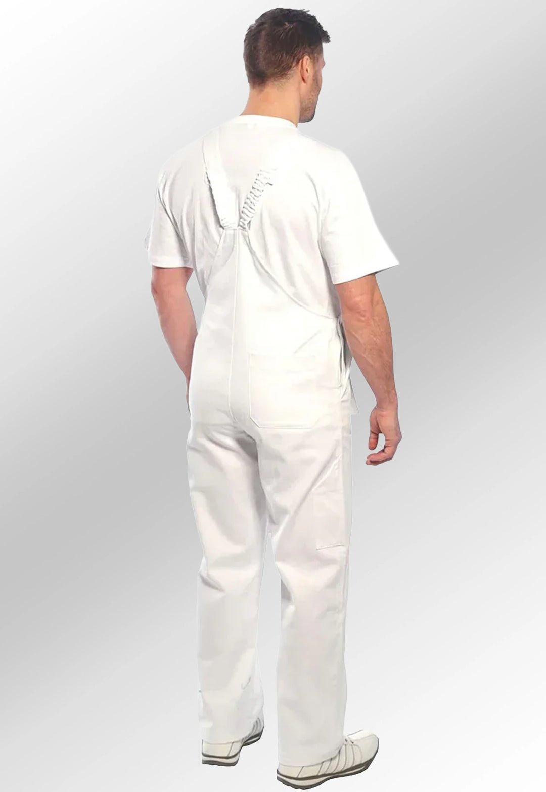 Back view of model wearing the Portwest Bolton Painters Bib & Brace S810 in White.