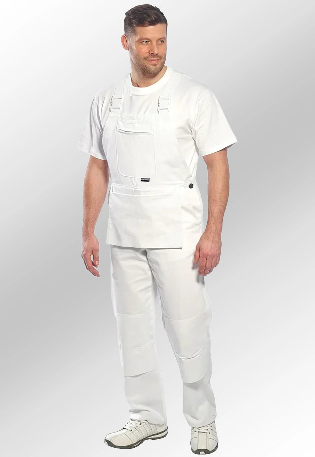Model wearing the Portwest Bolton Painters Bib & Brace S810 in White.