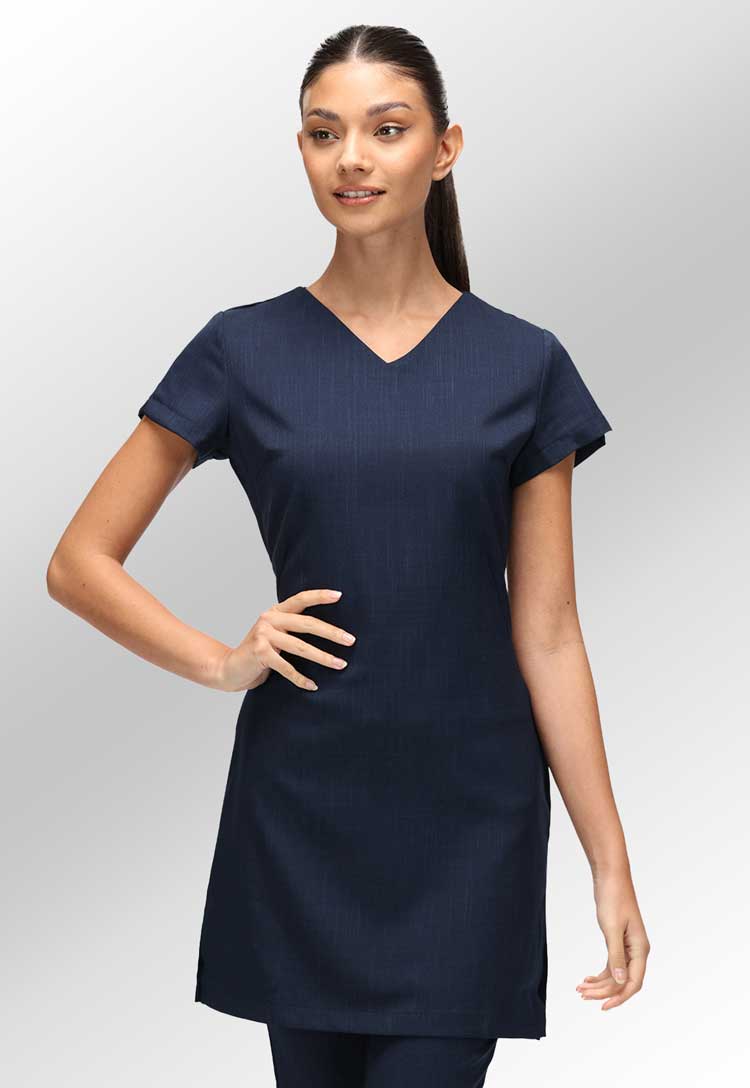 Model Wearing Sara Classic 3/4 Length Beauty Salon Tunic in Light Navy