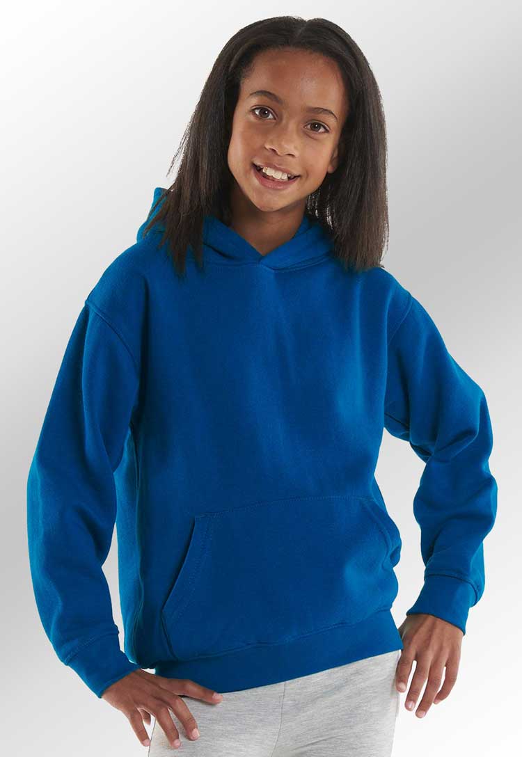 Model wearing School Uniform Hooded Sweatshirt in royal