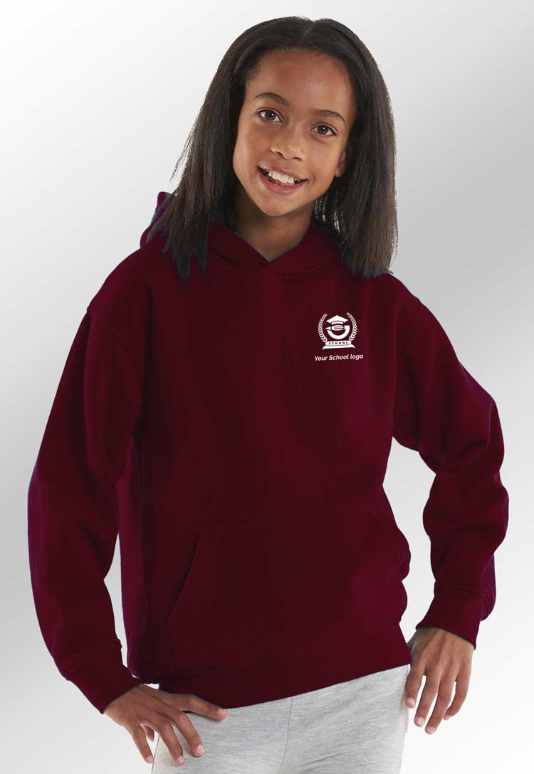 Model wearing School Uniform Hooded Sweatshirt with School Logo