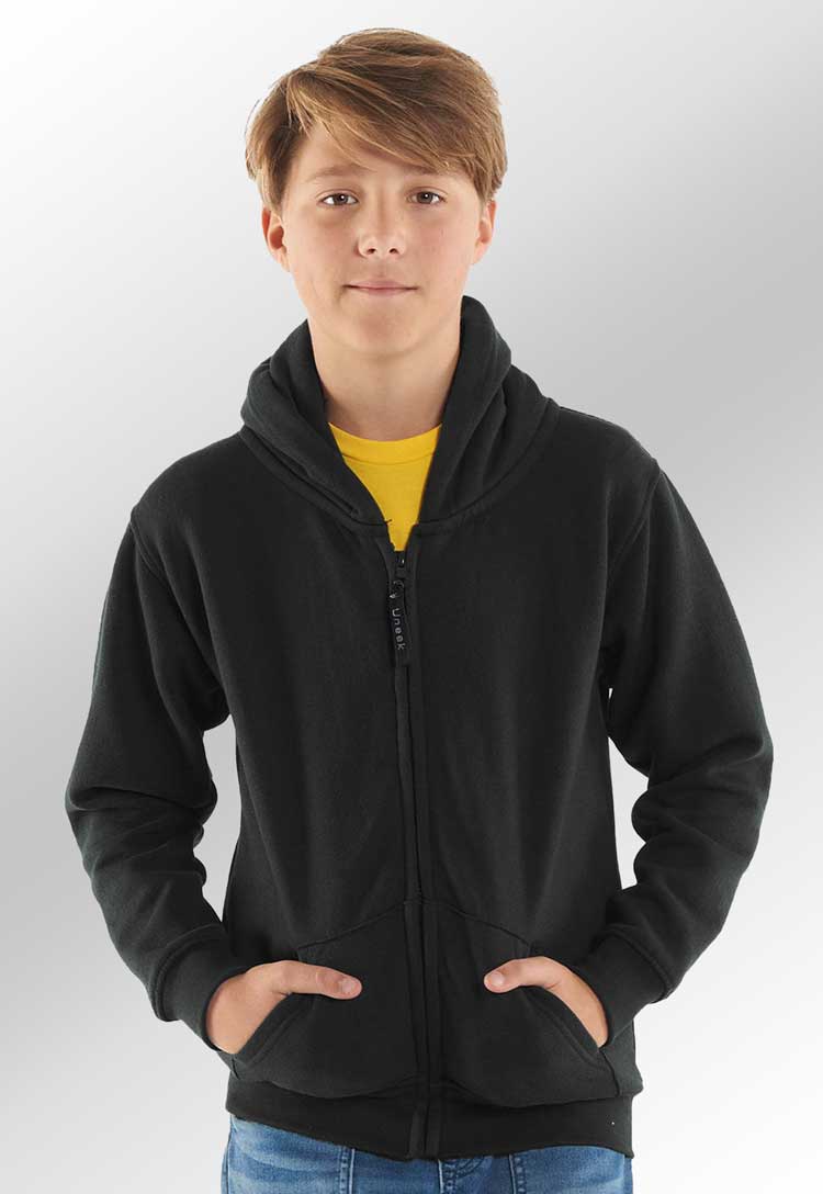 Model wearing School Uniform Full Zip Hooded Sweatshirt in black