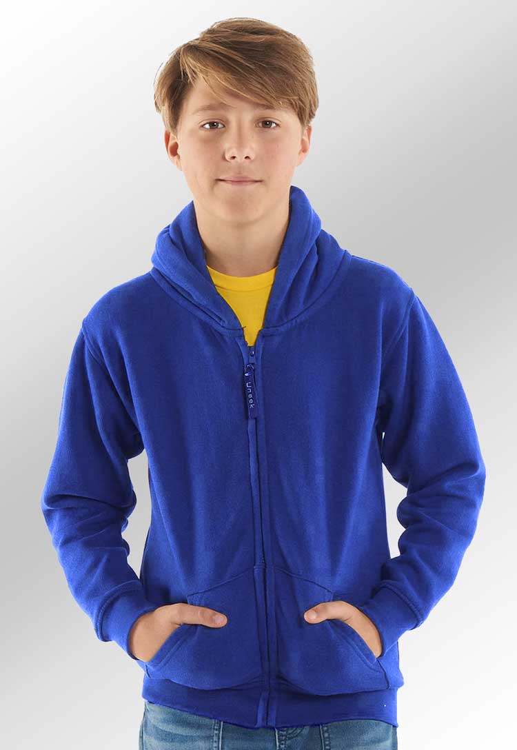 model wearing School Uniform Full Zip Hooded Sweatshirt in royal blue