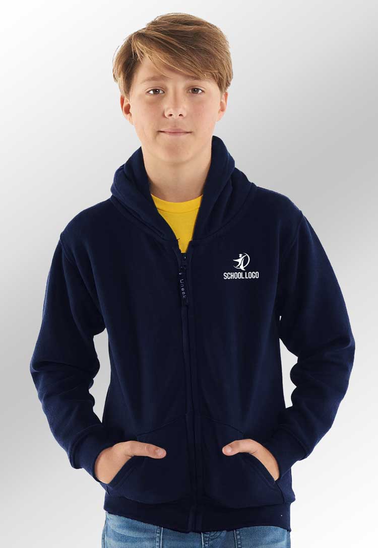 School Uniform Full Zip Hooded Sweatshirt with School Logo worn by model