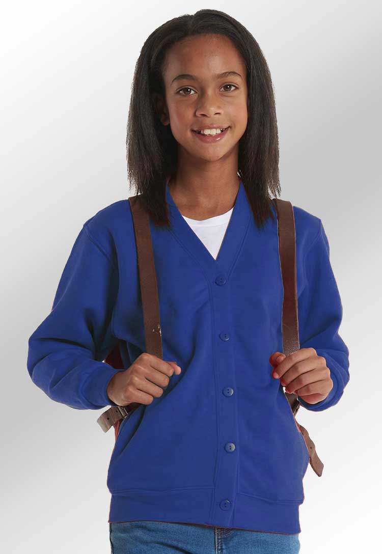 model wearing School Uniform Cardigan in royal