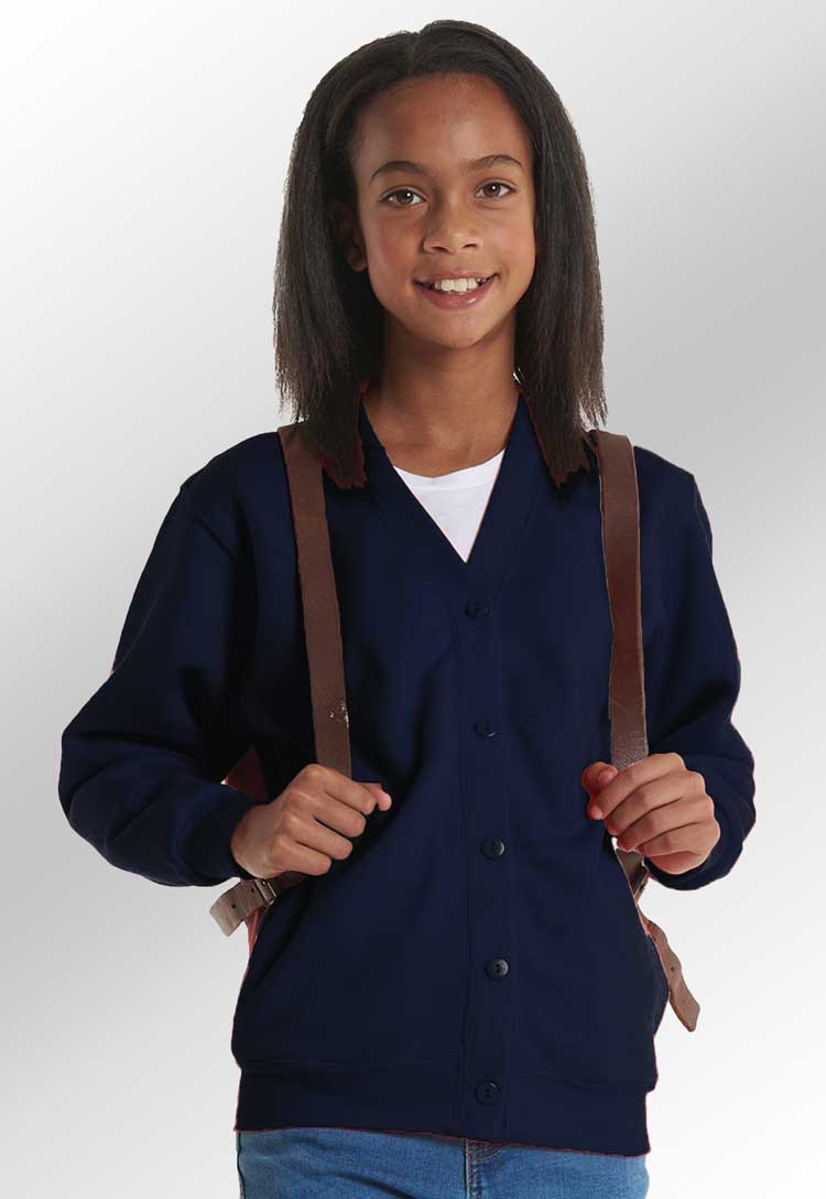 model wearing Bundle of 5 School Uniform Cardigan in navy