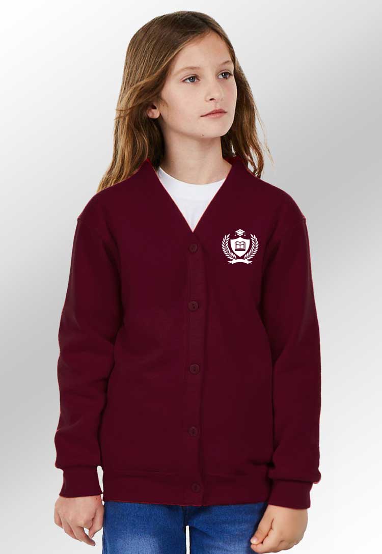 School Uniform Cardigan with School Logo worn by model in maroon