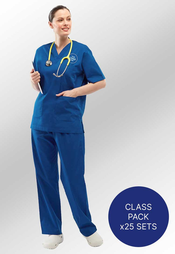 Model Wearing Scrub Set UC921 & UC922 in Royal Blue (University Bundle Deal of 24 with Logo Embroidery)