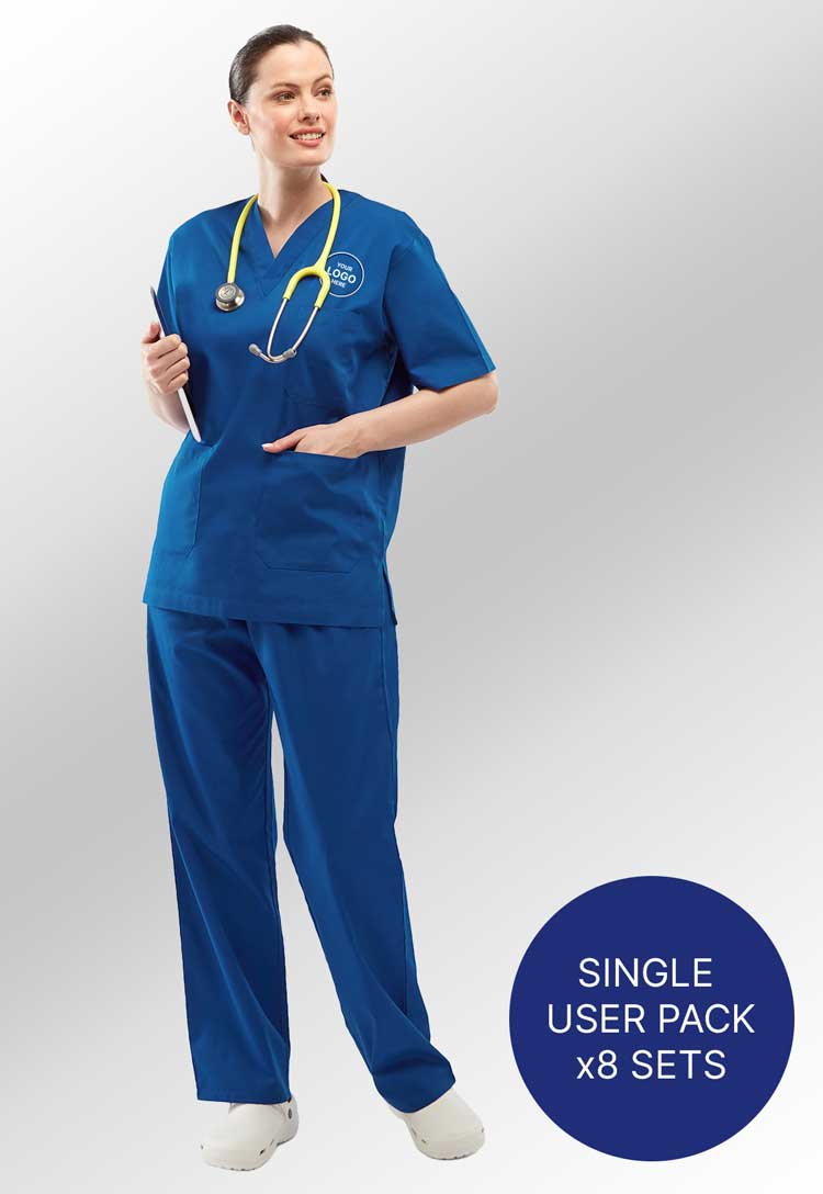 Model Wearing Branded Scrub Set in Royal Blue with Free Logo Embroidery (Bundle of 8)