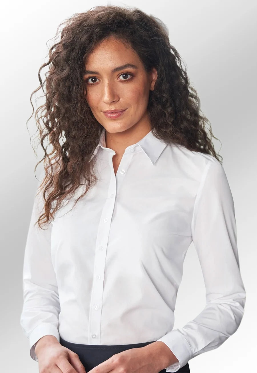 Model wearing the Brook Taverner Selene Ladies Shirt in White (2270A).
