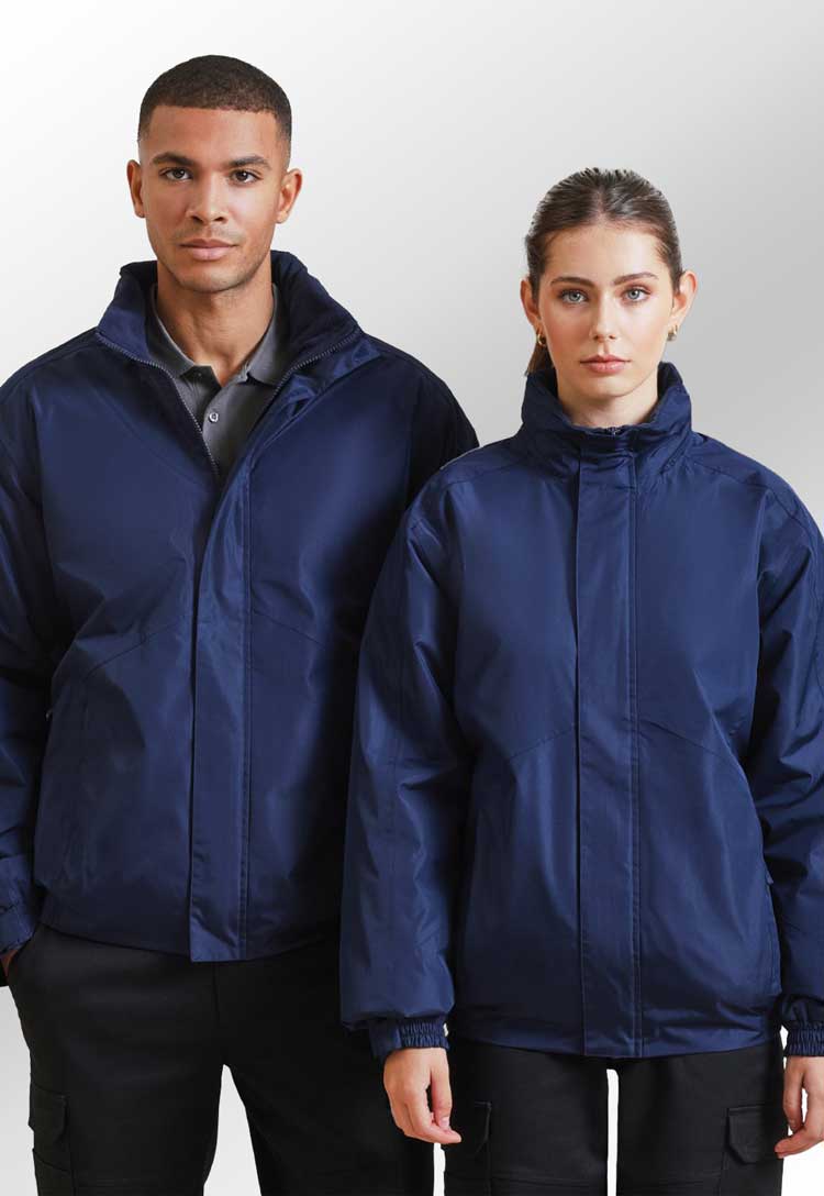 male and female models wearing matching selsey hydrochecker jackets in navy