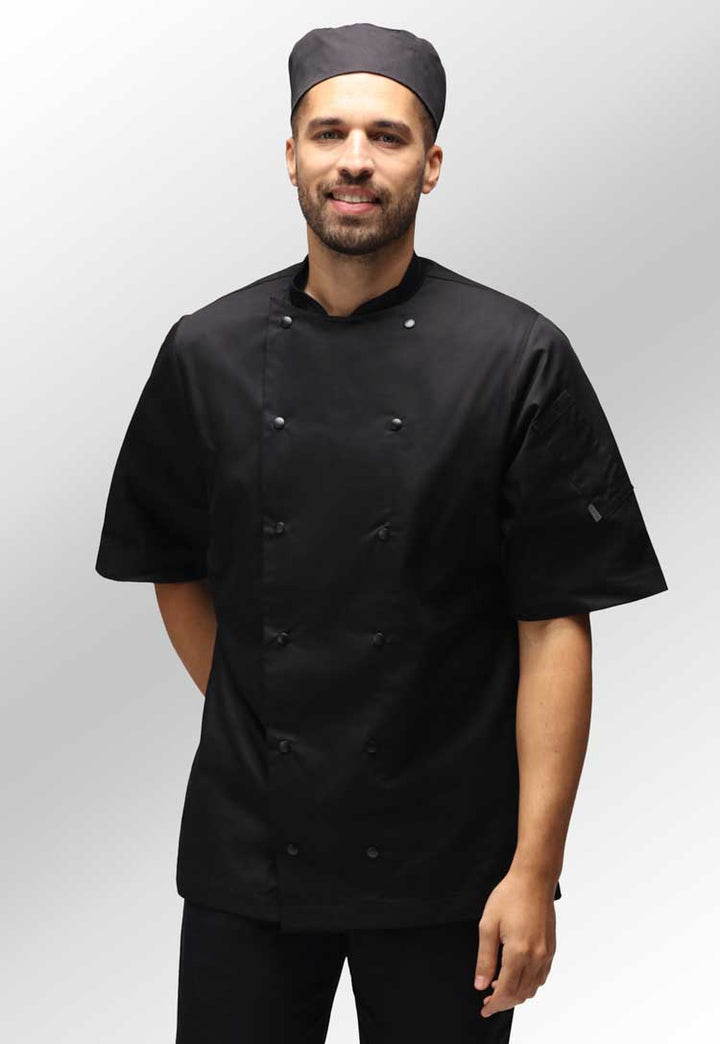 Male Model Wearing Unisex White Chefs Jacket Short Sleeve HHCJSS in Black