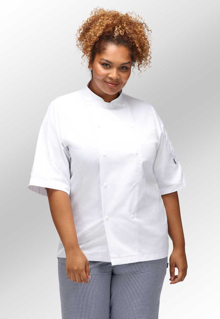 Female Model Wearing Unisex White Chefs Jacket Short Sleeve HHCJSS in White