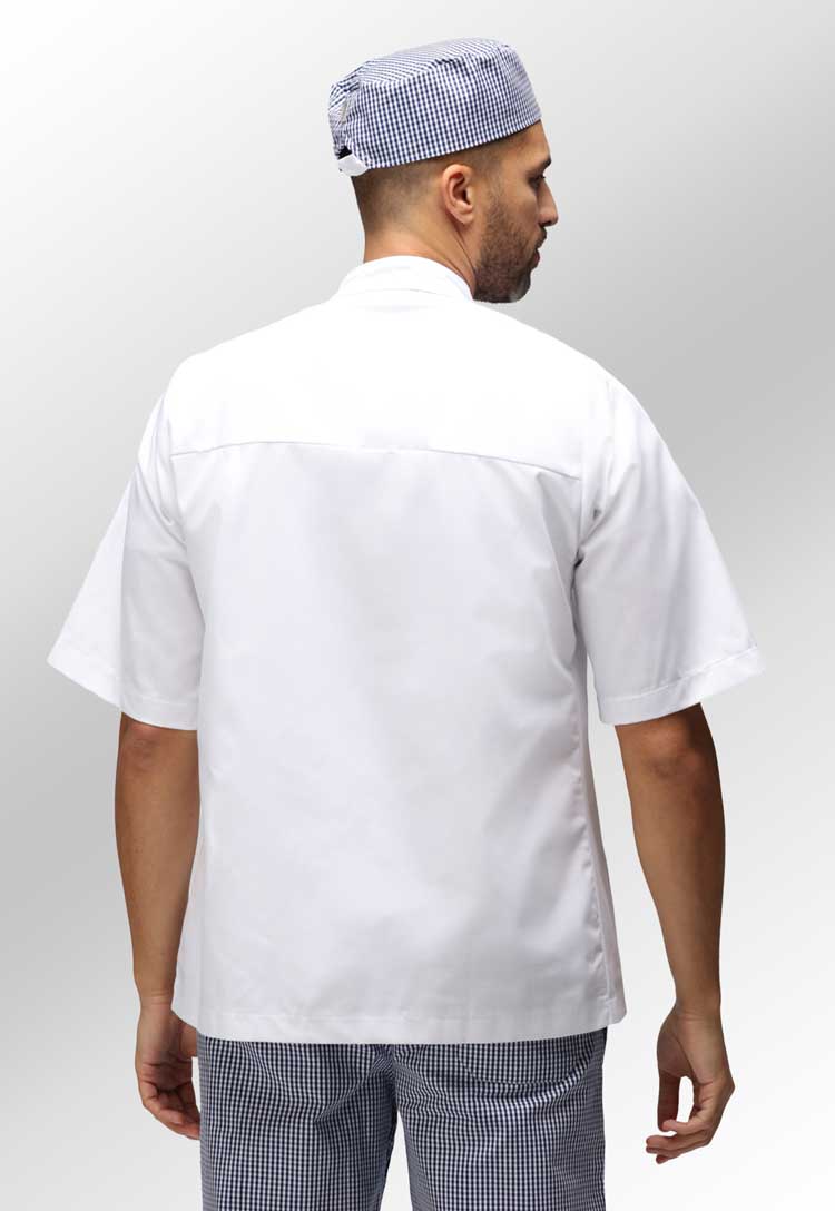 Back View of Model Wearing Unisex White Chefs Jacket Short Sleeve HHCJSS in White