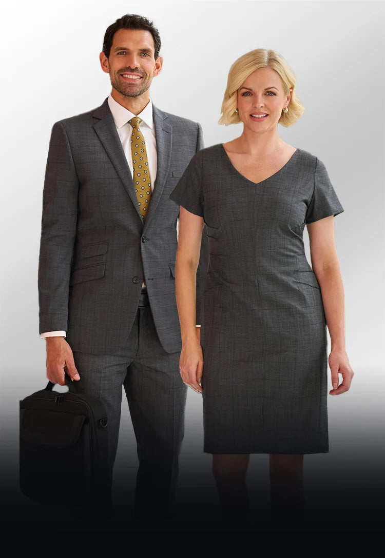 Man in gray suit and woman in gray dress from Brook Taverner Signature Collection