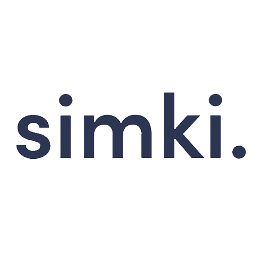 Simki logo. Lowercase navy blue font with full stop.