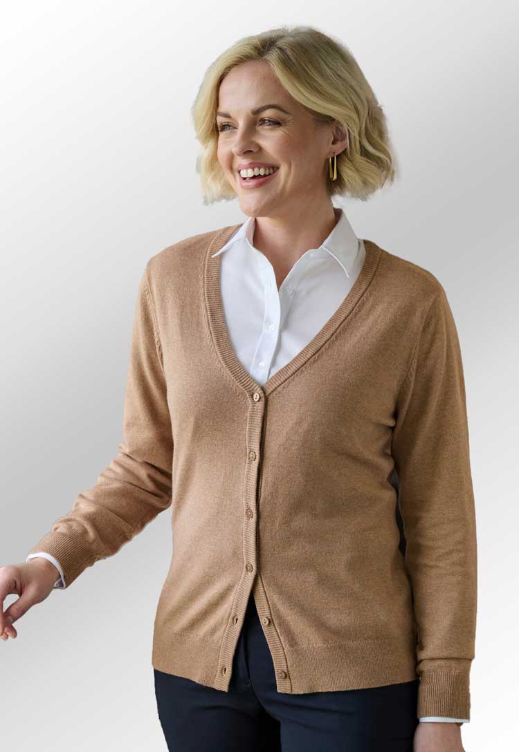 Model wearing Sofia Marino Wool V Neck Cardigan 2397 in oatmeal