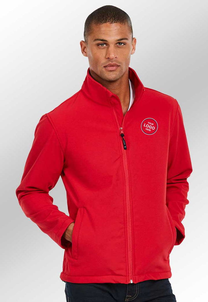 Model Wearing Softshell Jacket UC612 in Red with Free Logo Embroidery (Bundle of 8)