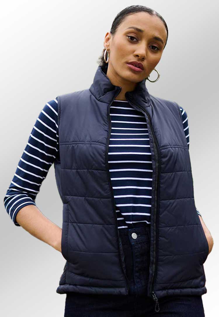 Model Wearing Regatta Women's Stage II Insulated Bodywarmer RG114 in Navy