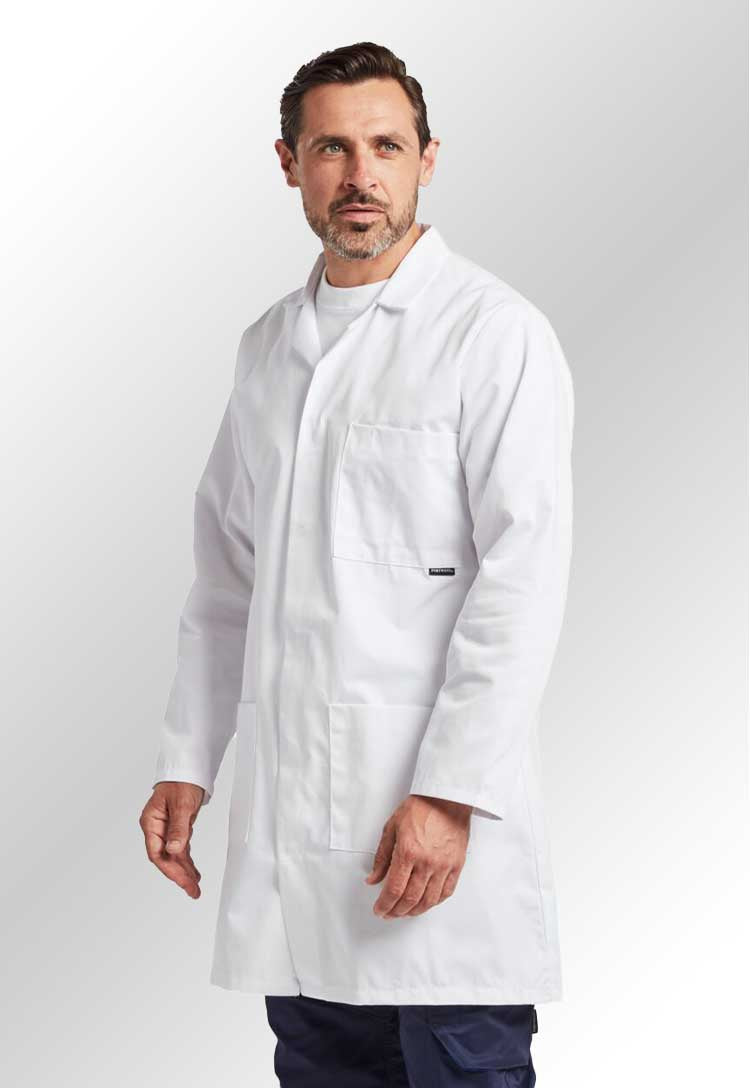 Model Wearing Standard Warehouse/Lab Coat 2852 in White