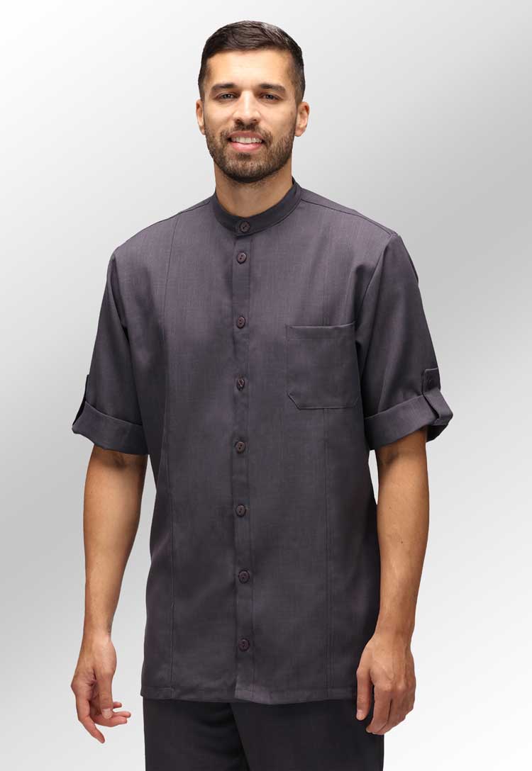 Model Wearing Stephane Men's Salon Tunic Shirt in Grey