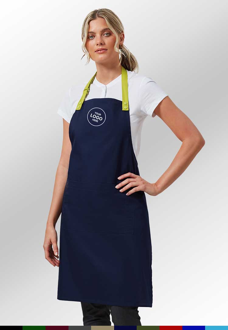 Model Wearing Swap & Pop' Customisable Apron in Navy with Free Logo Embroidery (Bundle of 8)