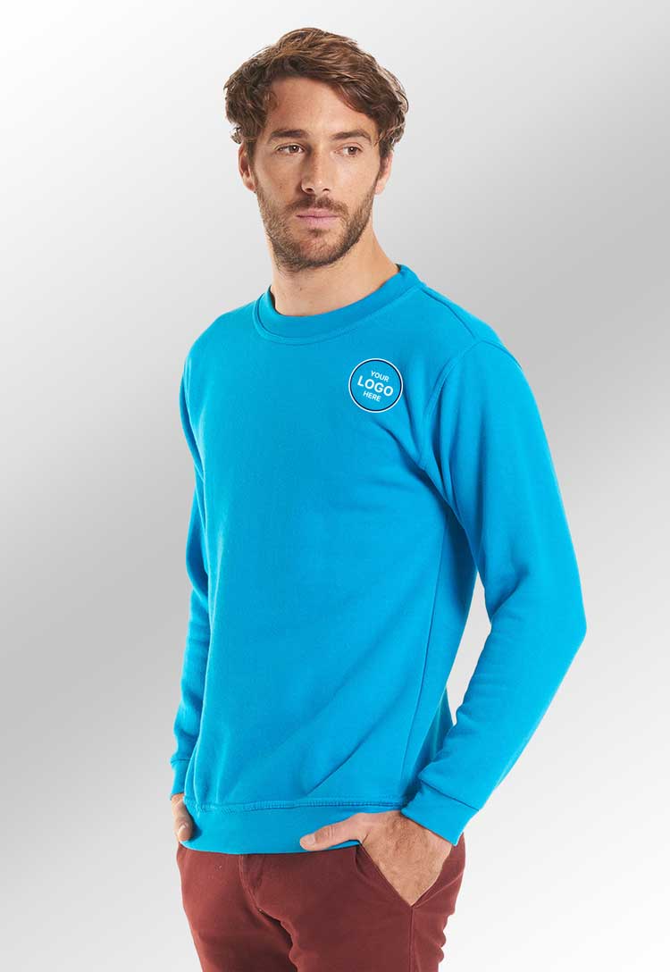 Model Wearing Classic Sweatshirt in Sapphire Blue with Free Logo Embroidery (Bundle of 8)