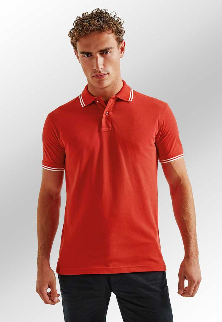 Men's Classic Fit Tipped Polo AQ011 in red worn by model