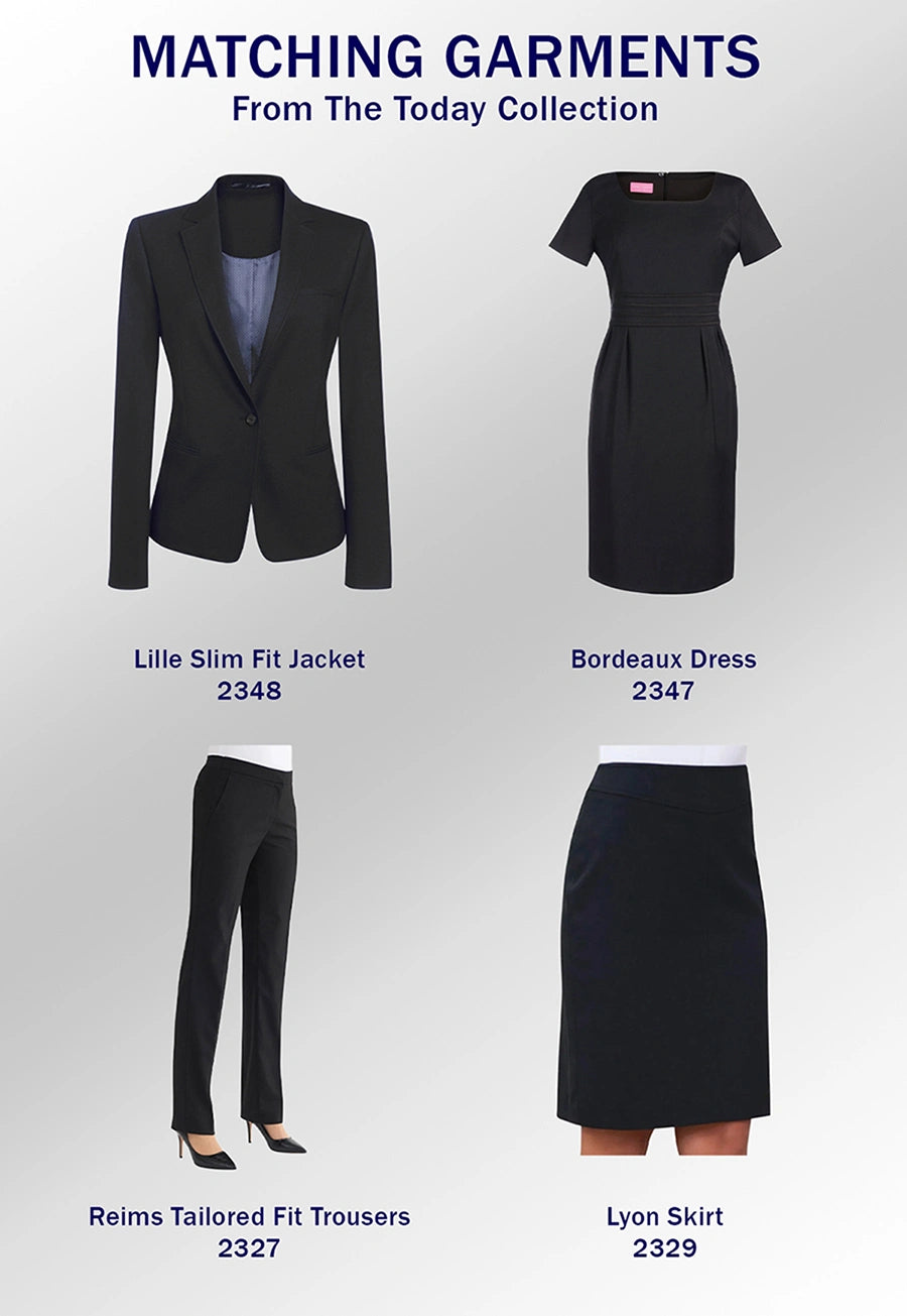 A promotional graphic titled 'MATCHING GARMENTS From The Today Collection' showing four women's outfits on a light gray background: a black slim-fit jacket, a black dress, black tailored trousers, and a black skirt, each labeled with a name and number.