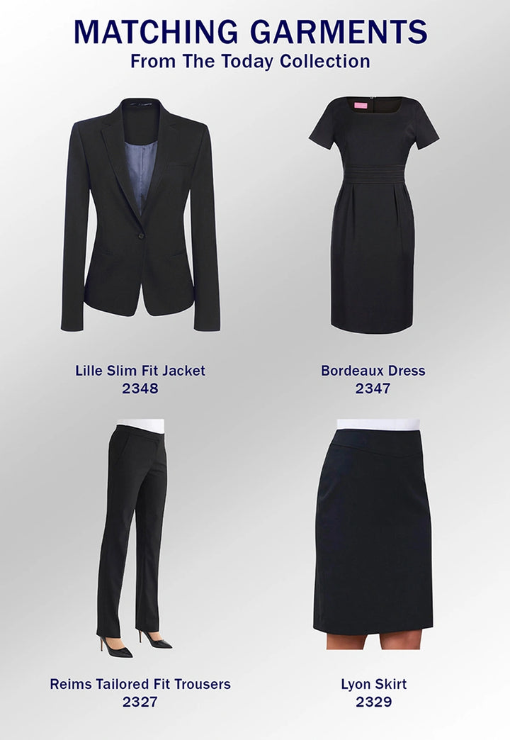 A promotional graphic titled 'MATCHING GARMENTS From The Today Collection' showing four women's outfits on a light gray background: a black slim-fit jacket, a black dress, black tailored trousers, and a black skirt, each labeled with a name and number.