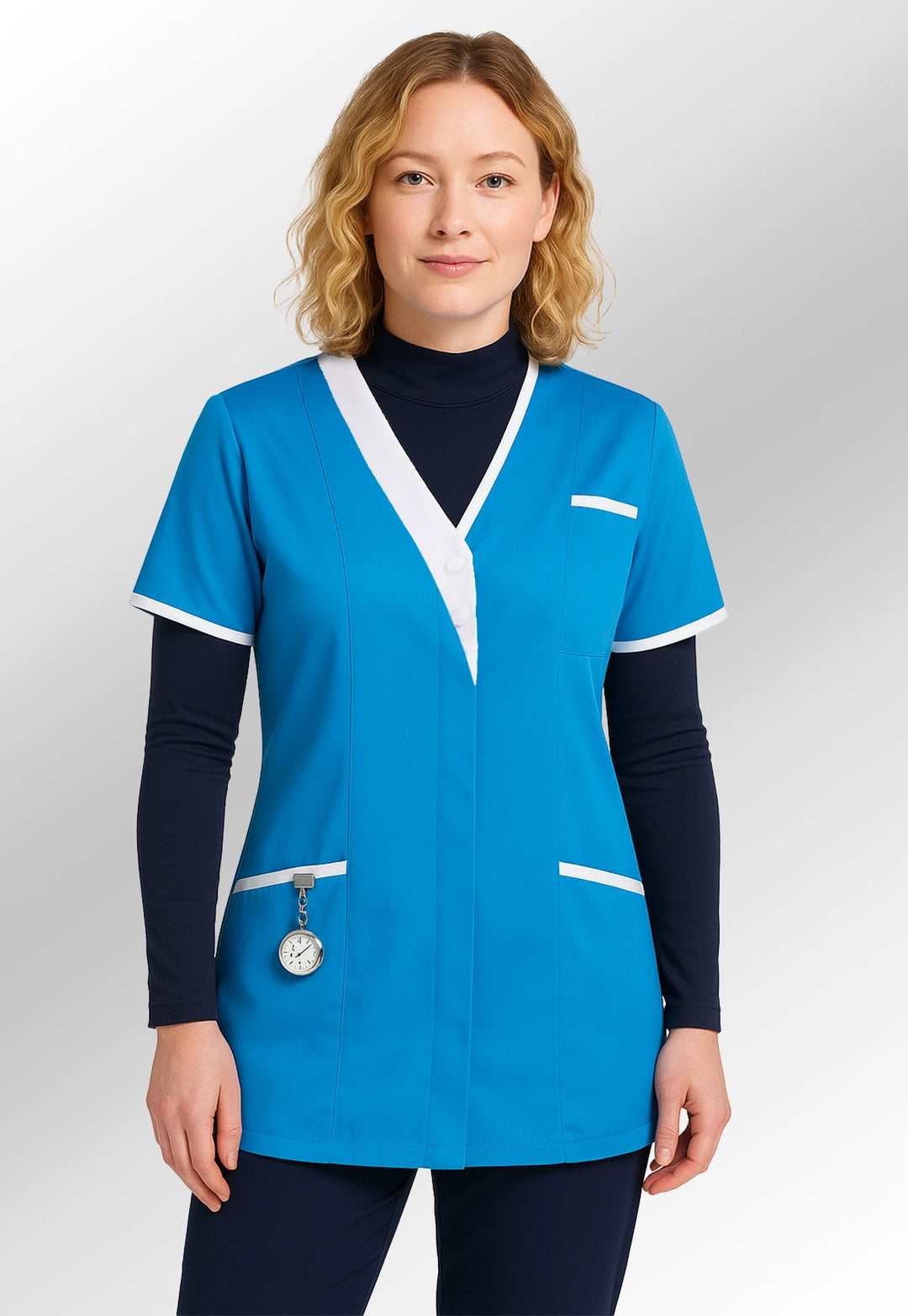 model wearing 8200 Tonia V Neck Ladies Tunic (Blue)