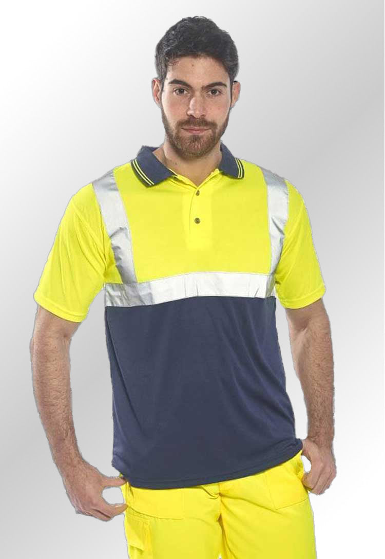 Model Wearing Hi Vis Two Tone Polo S479 in Yellow/Navy