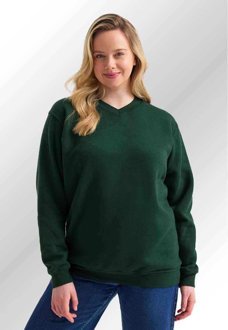 Model wearing UC204 V-Neck Sweatshirt in Bottle Green