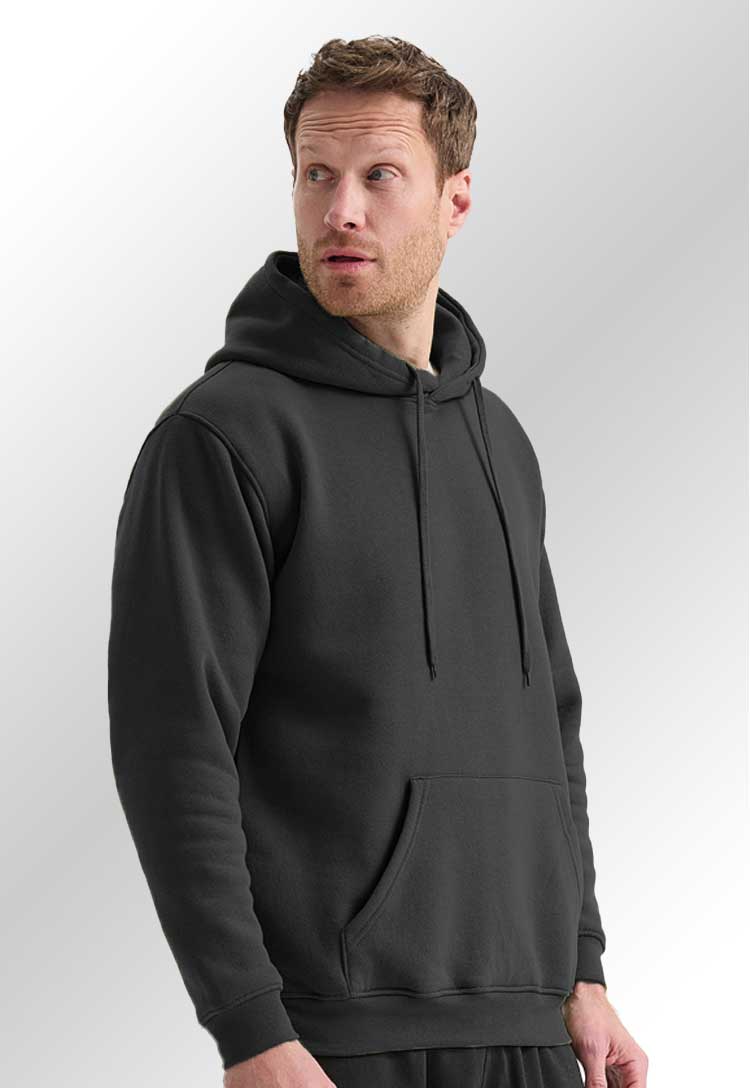 Model wearing a UC502 Classic Hooded Sweatshirt in Black