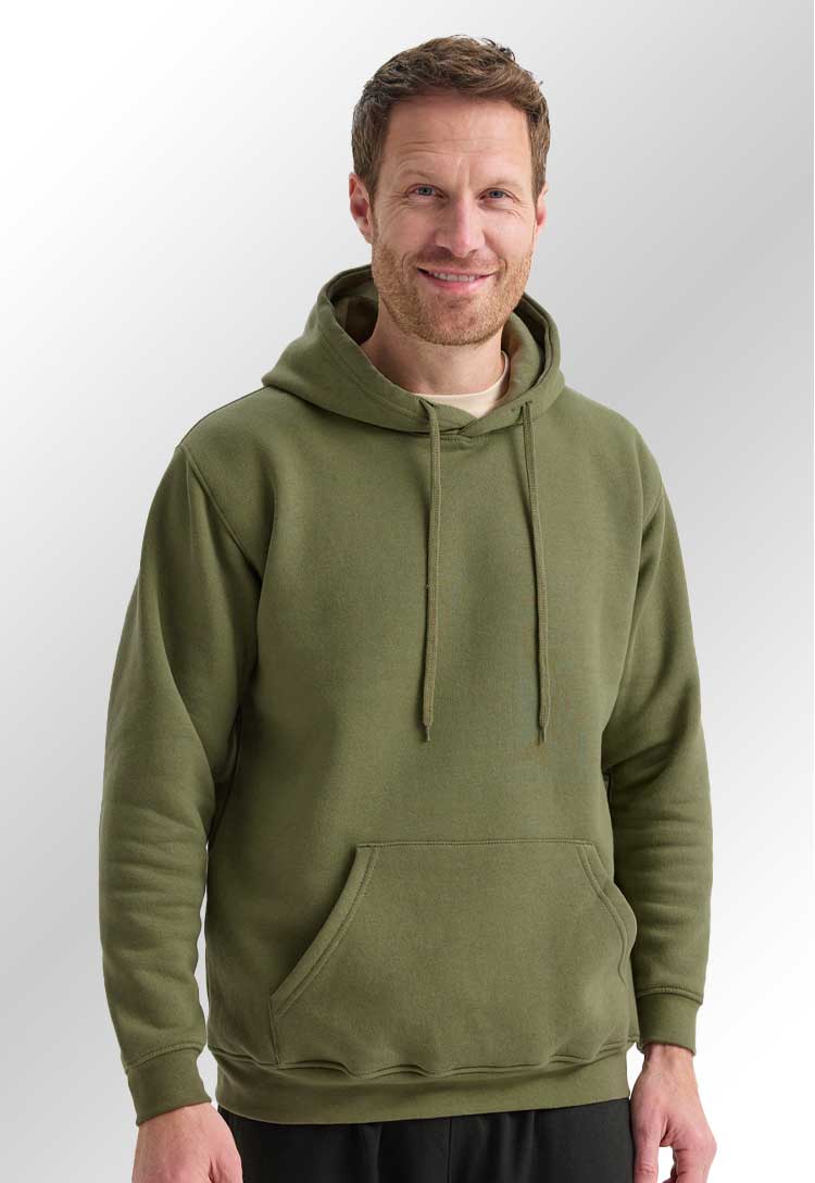 Model wearing a UC502 Classic Hooded Sweatshirt in Olive