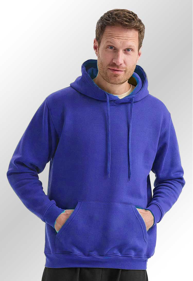 Model wearing a UC502 Classic Hooded Sweatshirt in Royal